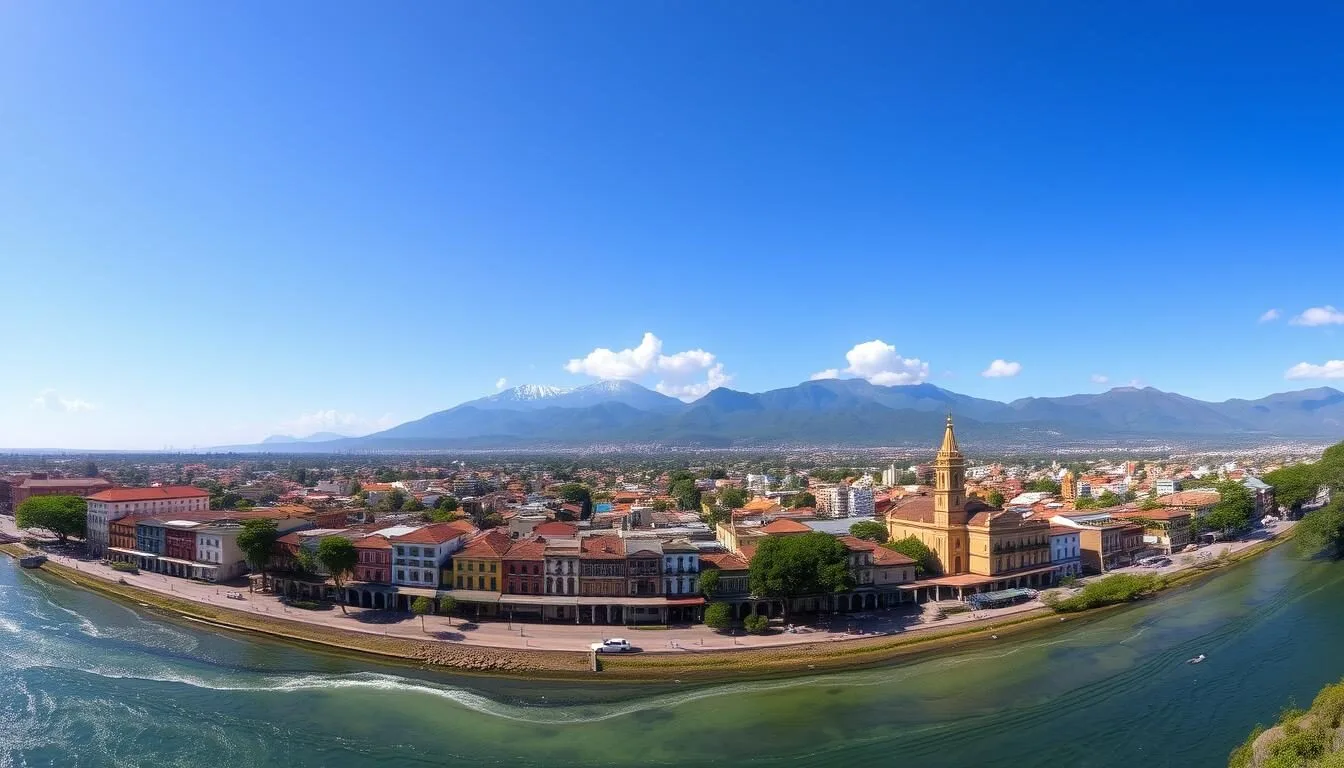 Panoramic view of Valledupar with the Sierra Nevada de Santa Marta mountains in the background and the Guatapurí River flowing through the city