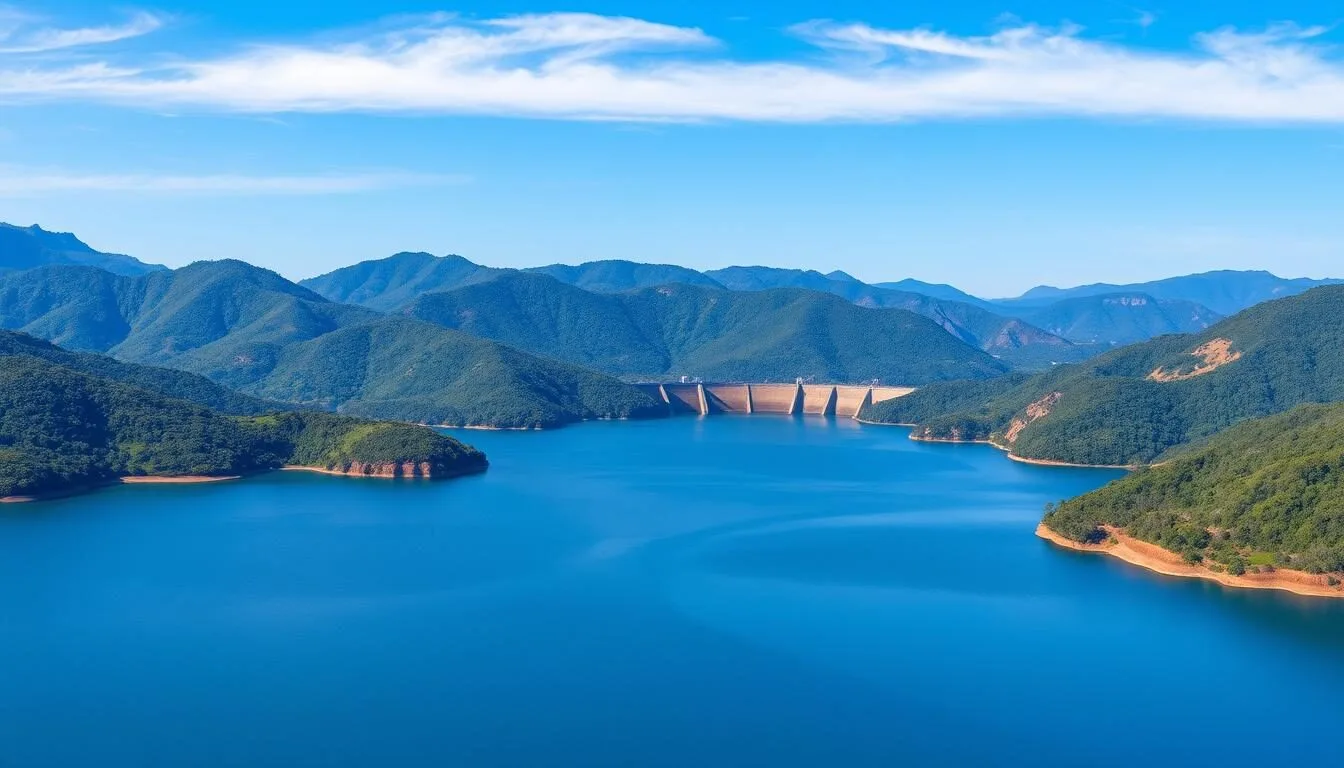 Panoramic view of Victoria Reservoir Sri Lanka with lush green hills surrounding the blue waters