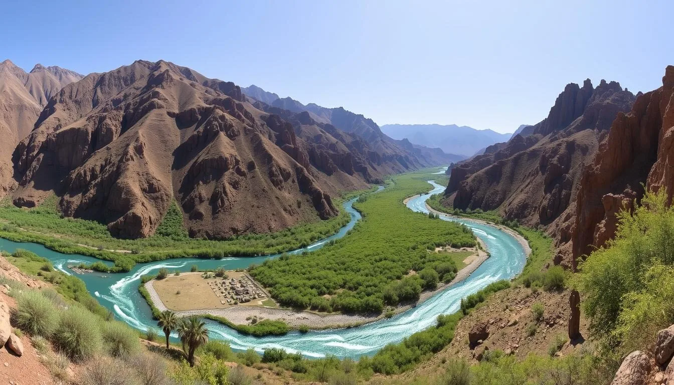 Panoramic view of Wadi Darbat's lush valley and waterfalls in Oman