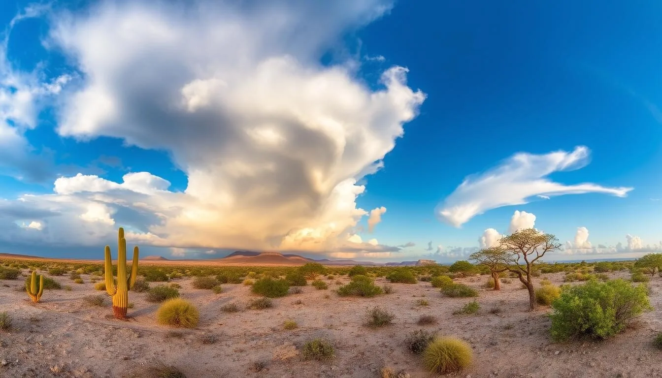 Panoramic view of Washington Slagbaai National Park during dry season showing desert landscape and blue skies