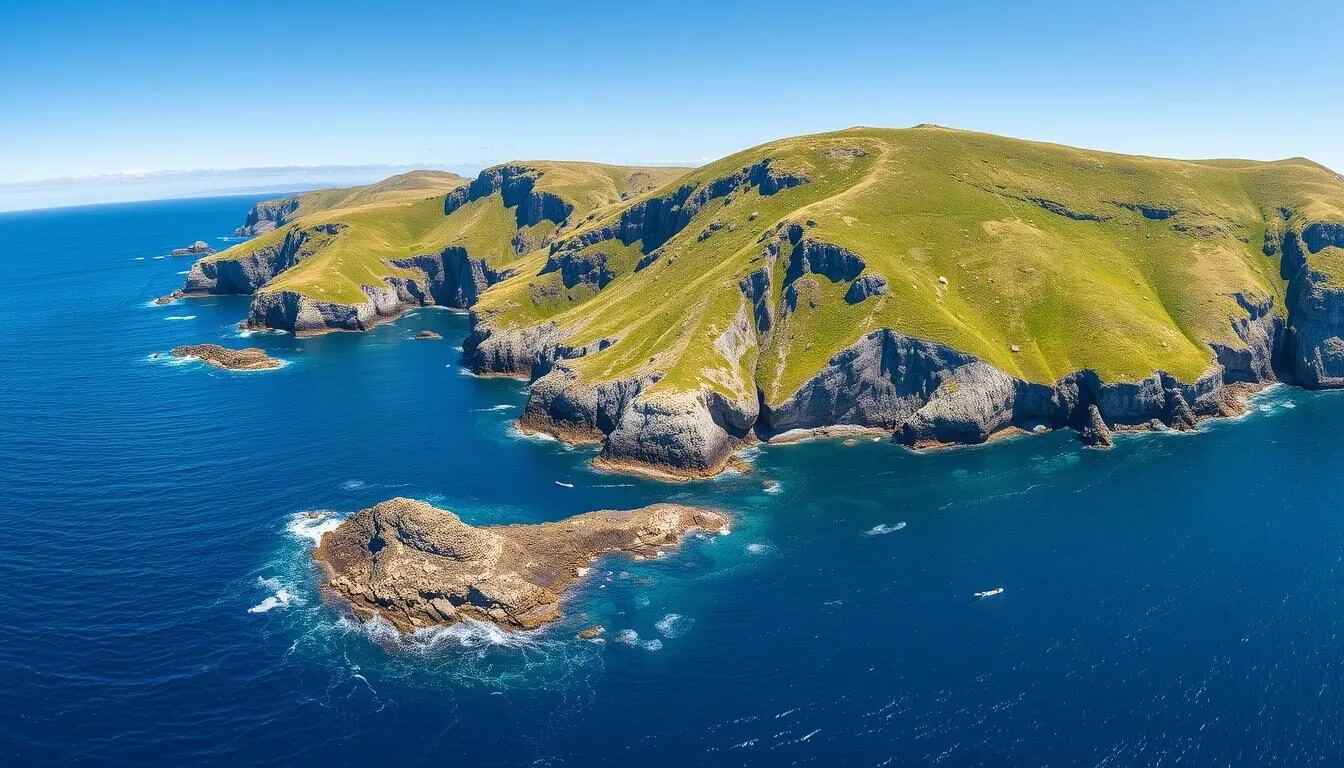 Panoramic view of West Point Island's dramatic coastline with black-browed albatross colony visible on the cliffs