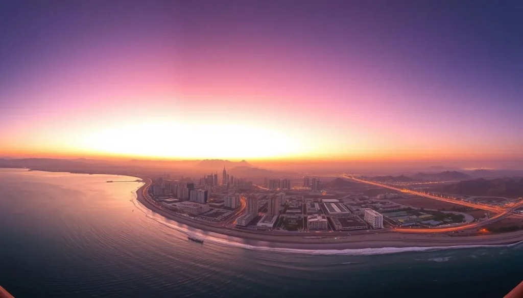 Panoramic view of Yanbu at sunset with the Red Sea, mountains, and city lights