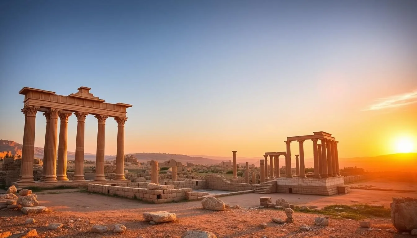 Panoramic view of ancient Palmyra ruins in Syria with columns and temple remains against desert backdrop