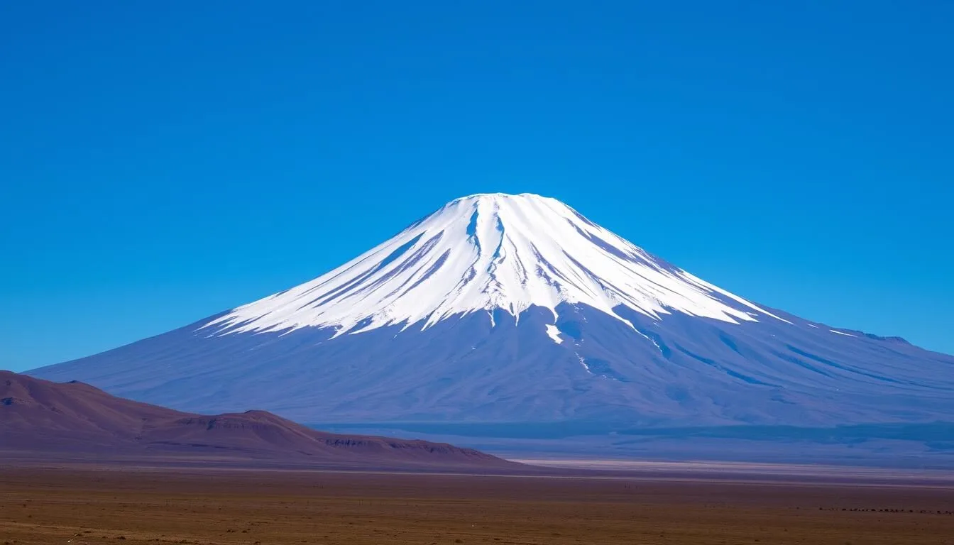 Panoramic view of snow-capped Chimborazo volcano rising above the Andean landscape in Ecuador