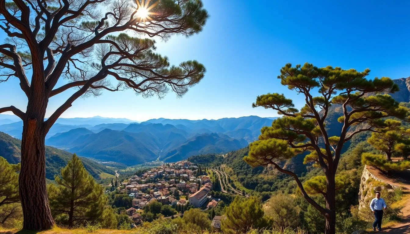 Panoramic view of the Chouf mountains in Lebanon with ancient cedar trees and traditional villages nestled in the valleys