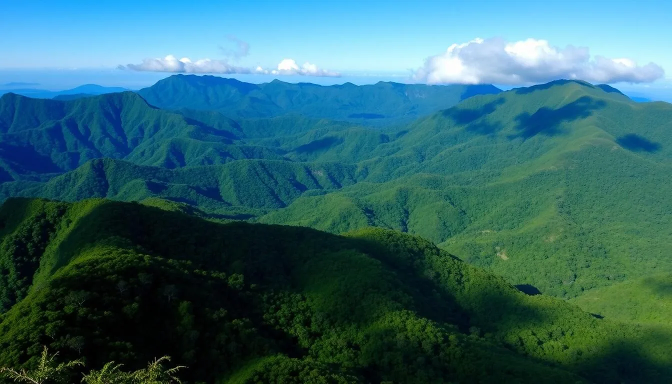 Panoramic view of the Cordillera Central Mountain Range in Puerto Rico with misty peaks and lush green forests
