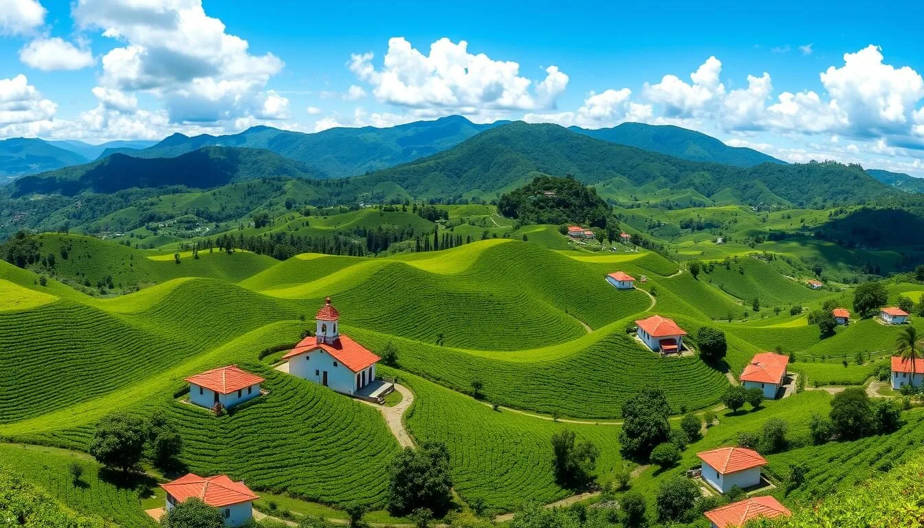 Panoramic view of the Eje Cafetero landscape showing rolling hills covered with coffee plantations and traditional fincas under blue sky