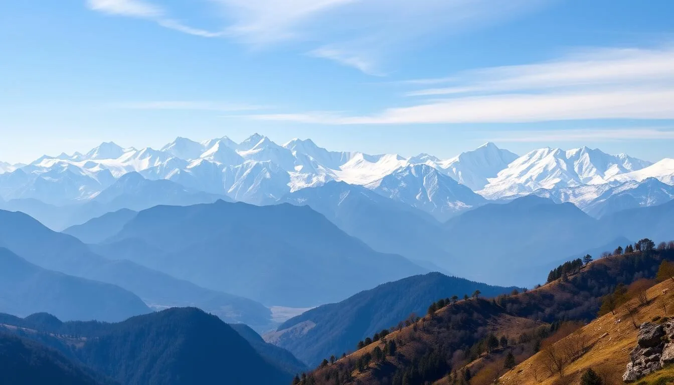 Panoramic view of the Lunana Range mountains in Bhutan with snow-capped peaks and clear blue skies