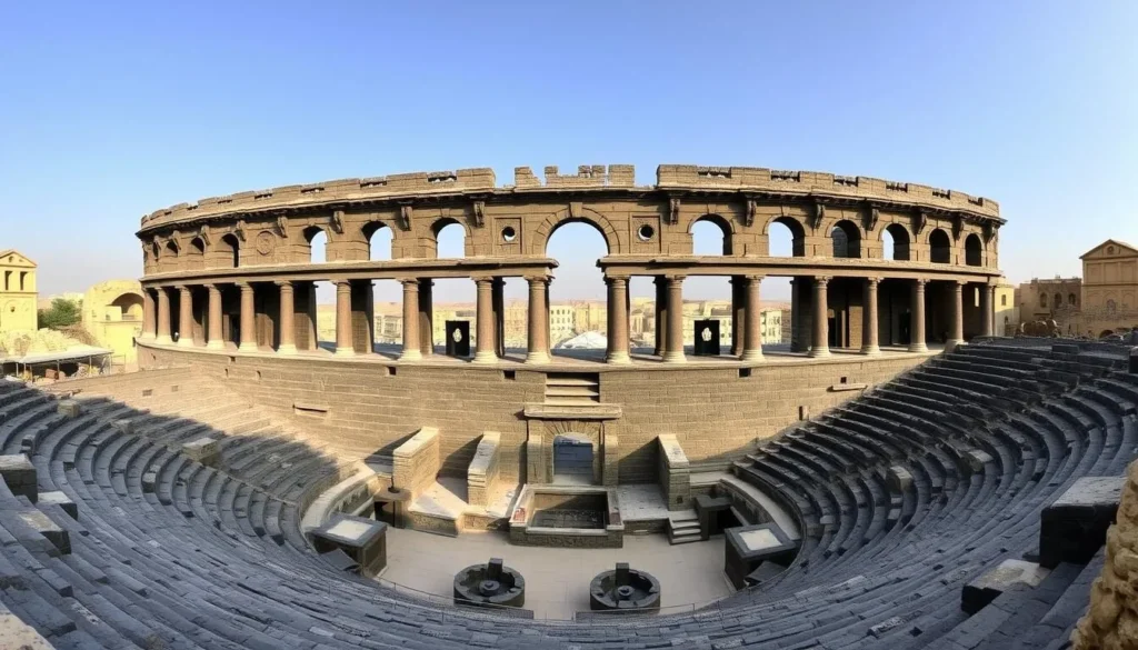 Panoramic view of the Roman Theatre in Bosra showing the complete structure with its impressive basalt stone architecture