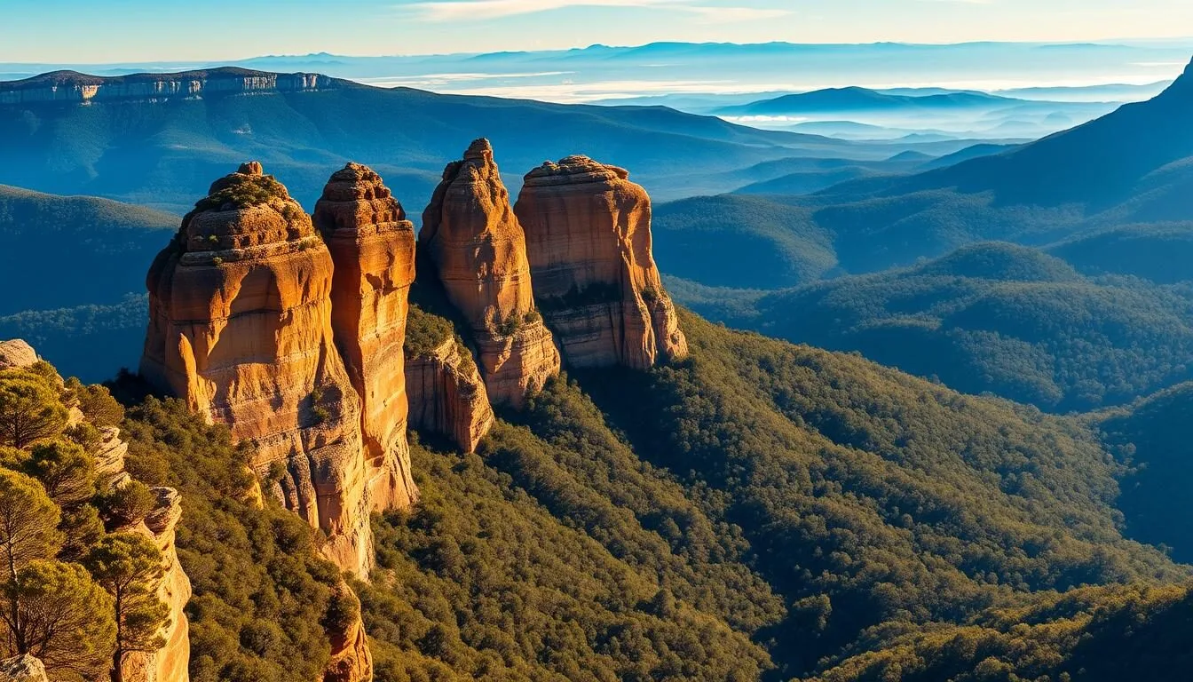 Panoramic-view-of-the-Three-Sisters-rock-formation-and-blue-tinted-valleys-in-Blue-Mountains Panoramic view of the Three Sisters rock formation and blue-tinted valleys in Blue Mountains National Park, New South Wales