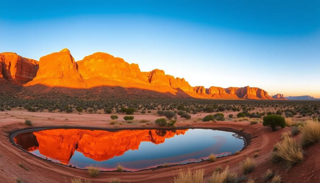 Panoramic view of the West MacDonnell Ranges with red cliffs reflecting in a waterhole at sunset, showcasing the ancient landscape of West MacDonnell National Park