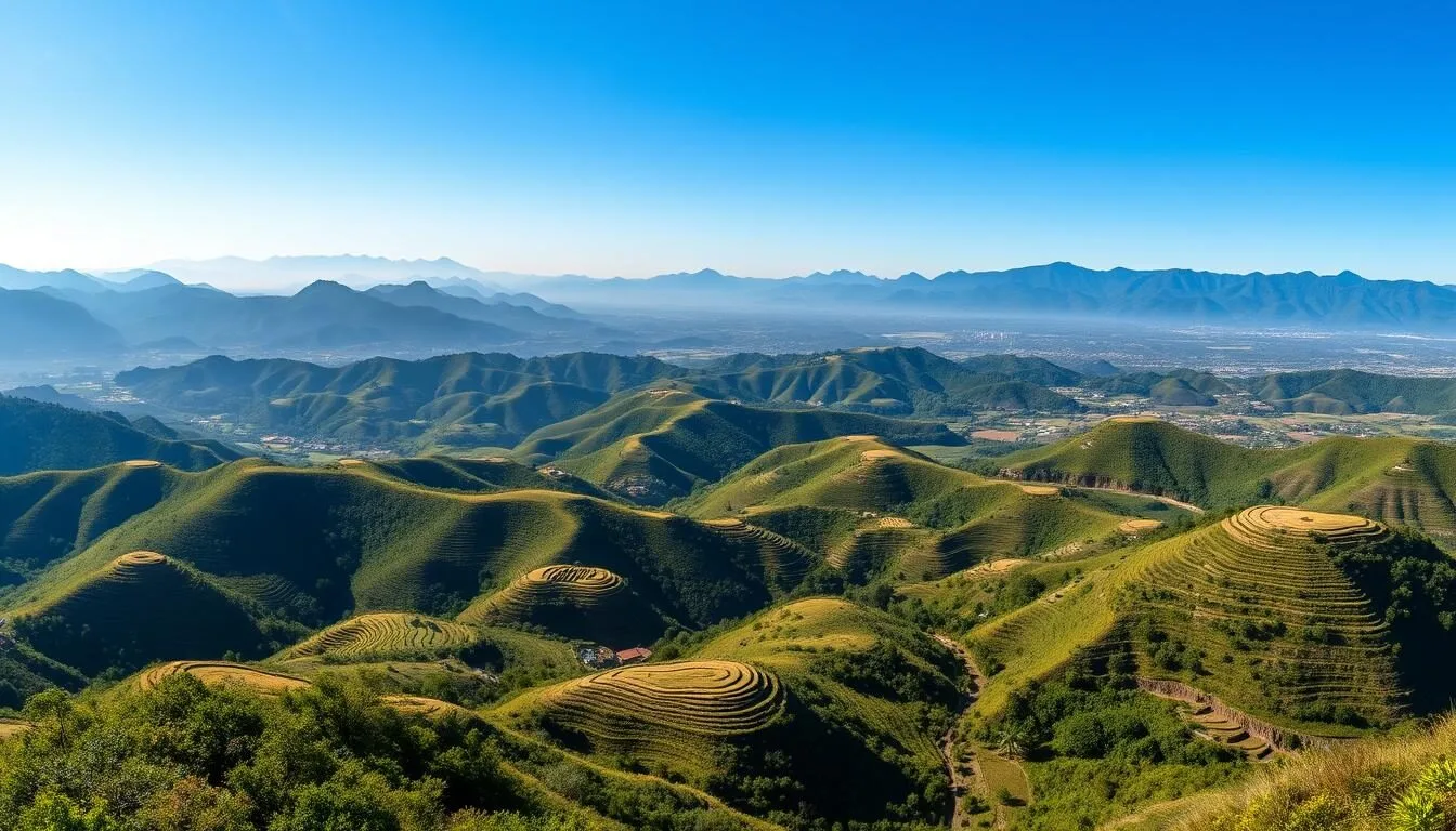 Panoramic view of the Xiangkhoang Plateau landscape showing rolling hills, rice fields, and distant mountains on a clear day