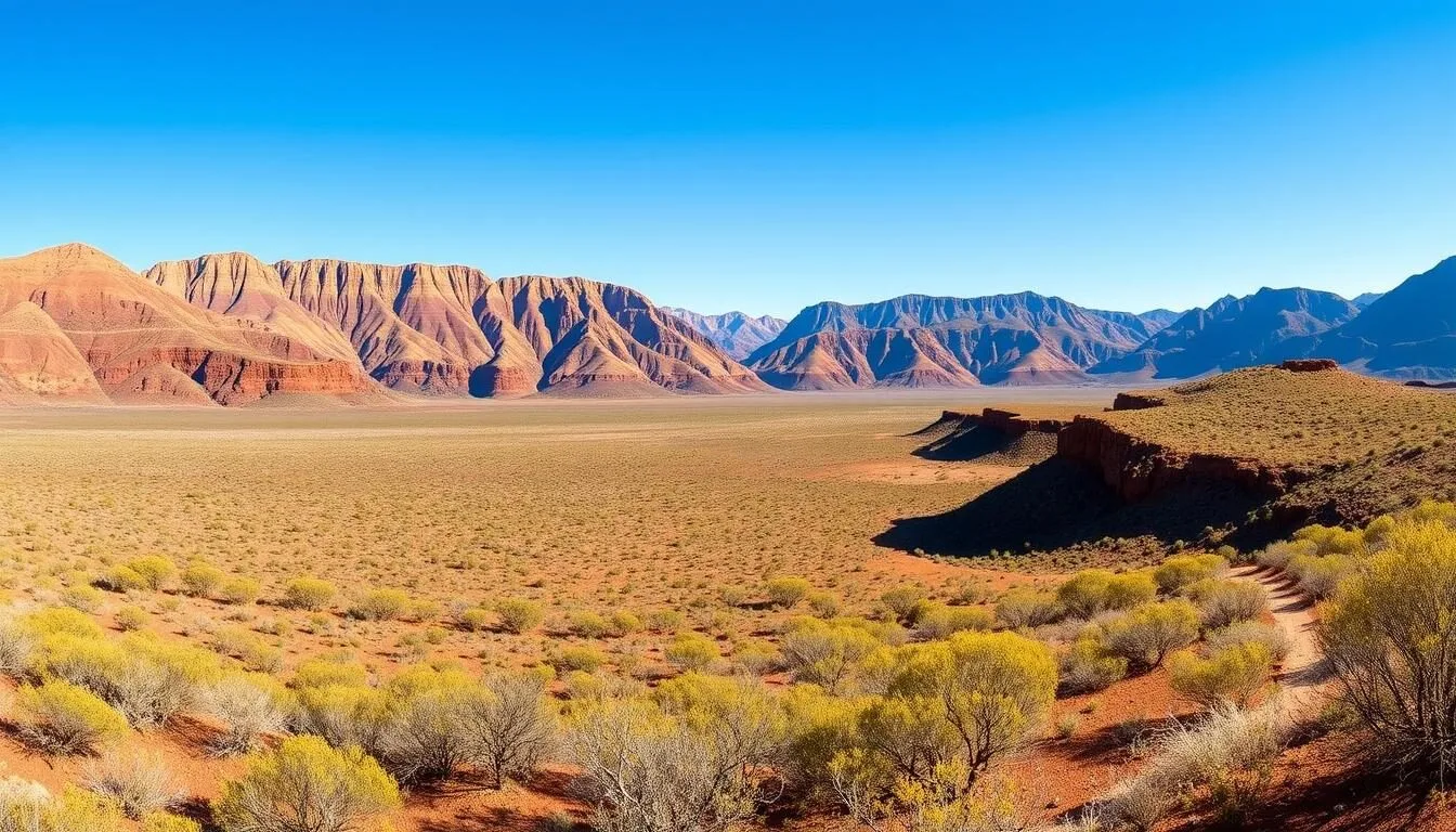Panoramic view of the red Macdonnell Ranges stretching across the Northern Territory landscape with a clear blue sky