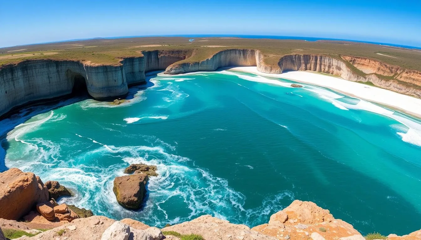 Panoramic view of the rugged coastline at Innes National Park, South Australia, showing dramatic cliffs and pristine beaches
