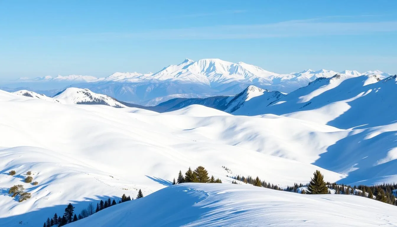 Panoramic view of the snow-covered Snowy Mountains in New South Wales with Mount Kosciuszko in the background