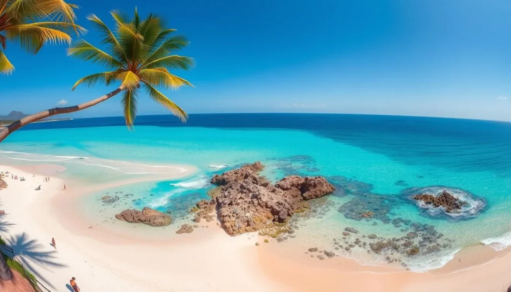 Panoramic view of the three main beaches on Isla Ixtapa: Playa Varadero, Playa Coral, and Playa Cuachalalate