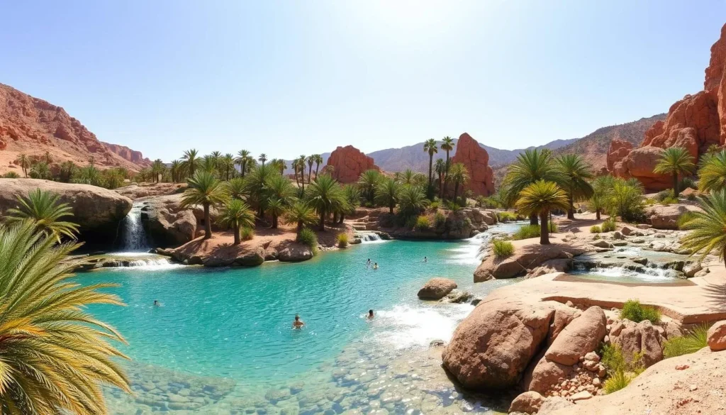 Paradise Valley natural pools and waterfalls near Ait Melloul with people swimming