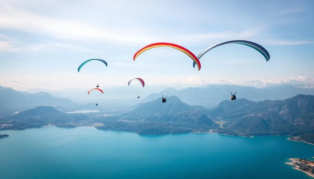 Paragliding over Pokhara with views of Phewa Lake and the Annapurna mountains in the background