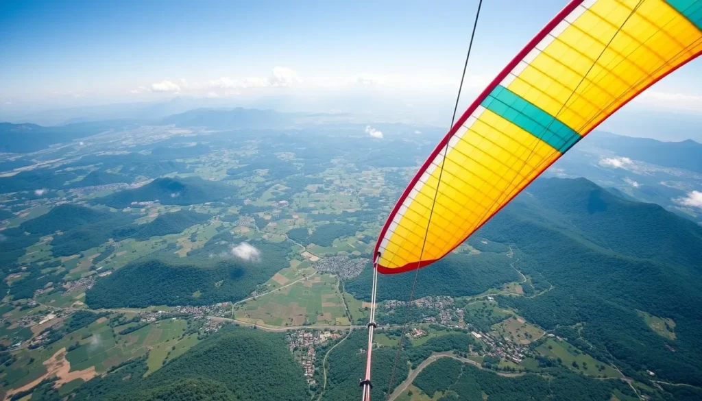 Paragliding over the Eje Cafetero landscape showing coffee plantations and mountains from above