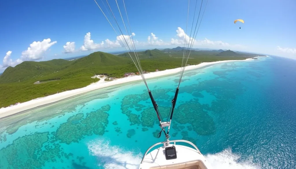 Parasailing activity over West Bay Beach Honduras with views of the coastline