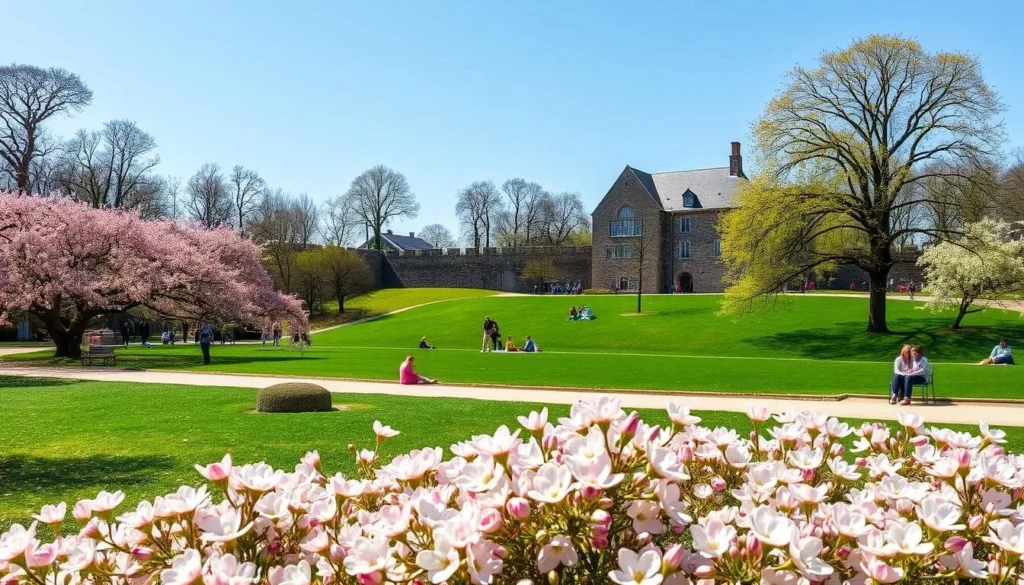 Parc de la Citadelle in Lille France during spring with blooming flowers and people relaxing