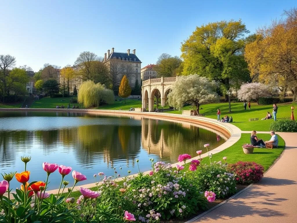 Parc de la Tête d'Or in Lyon during spring with blooming flowers and people enjoying the park