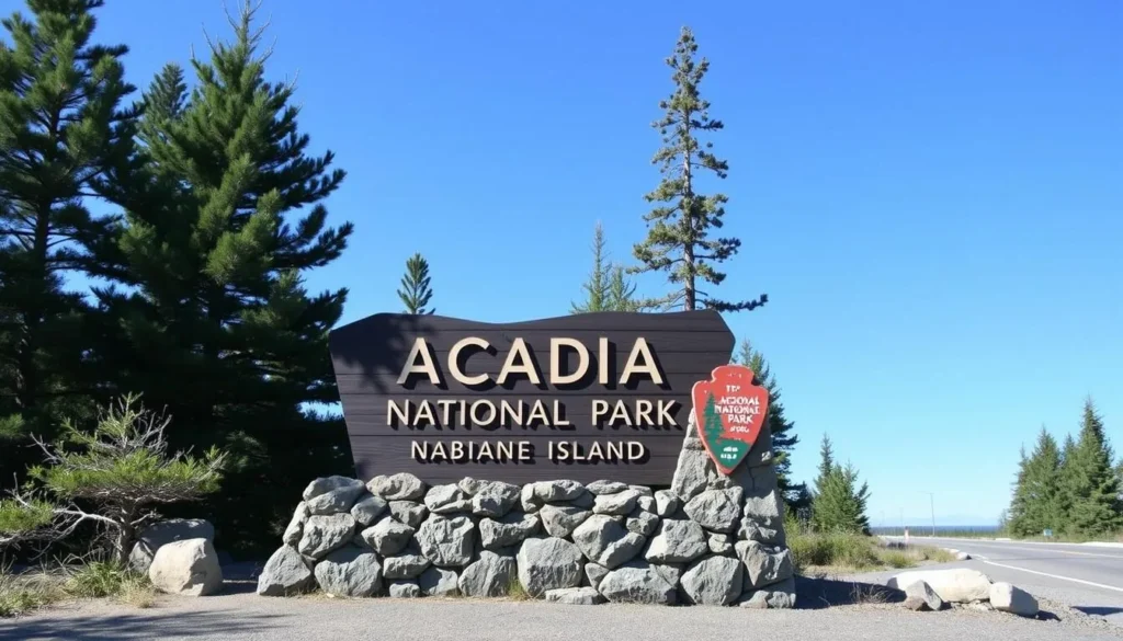 Park entrance sign for Acadia National Park on Mount Desert Island, Maine