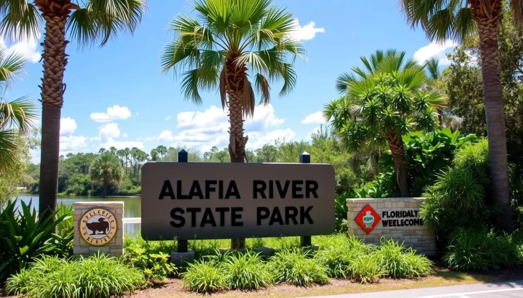 Park entrance sign for Alafia River State Park with lush greenery