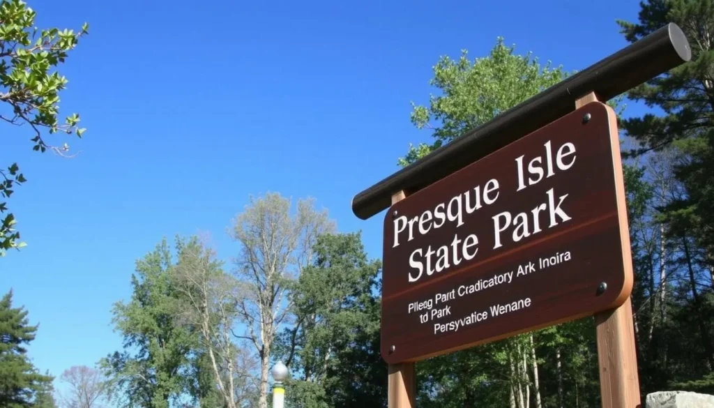 Park entrance sign for Presque Isle State Park with visitor information