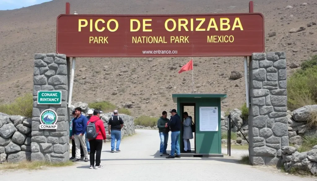 Park entrance to Pico de Orizaba National Park with signage and visitors paying entrance fees