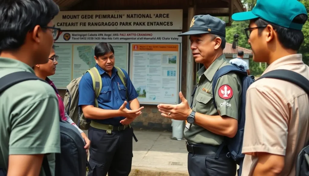 Park ranger briefing hikers about safety protocols at Cibodas entrance Park ranger briefing hikers about safety protocols at Cibodas entrance