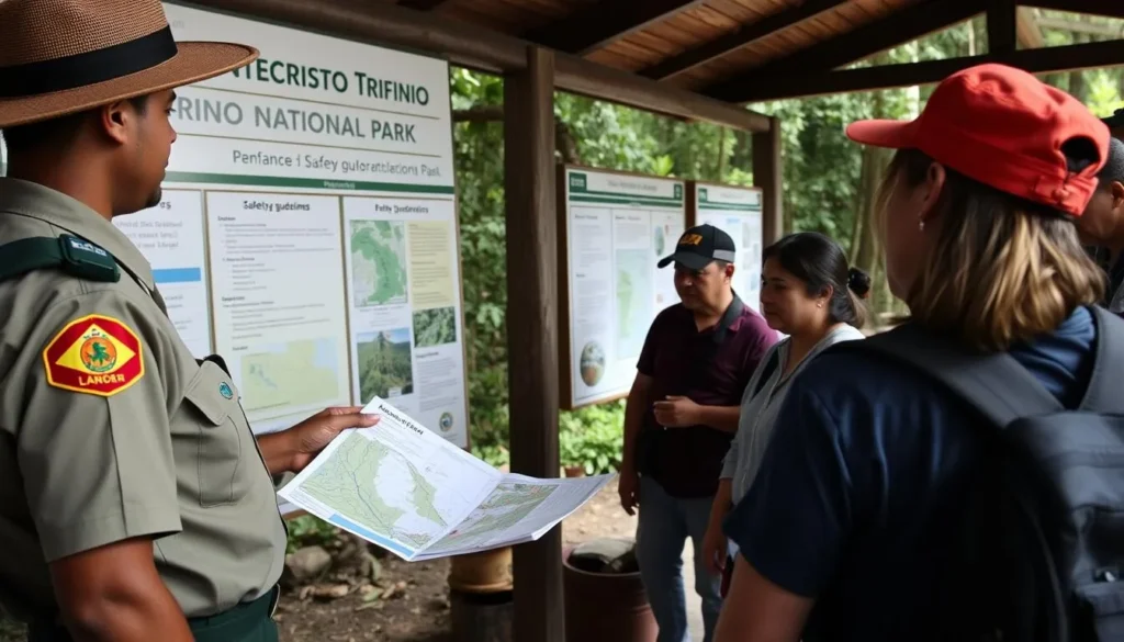 Park ranger explaining safety guidelines to visitors at the entrance of Montecristo Trifinio National Park