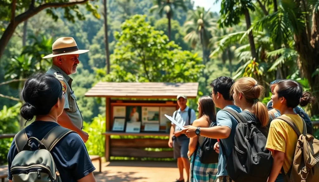 Park ranger giving safety briefing to visitors at the entrance of Utria National Natural Park