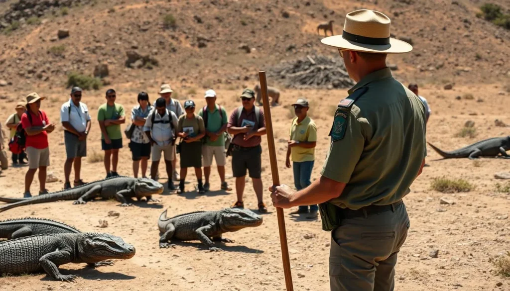 Park ranger guiding tourists safely near Komodo dragons in Komodo National Park Indonesia Park ranger guiding tourists safely near Komodo dragons in Komodo National Park Indonesia