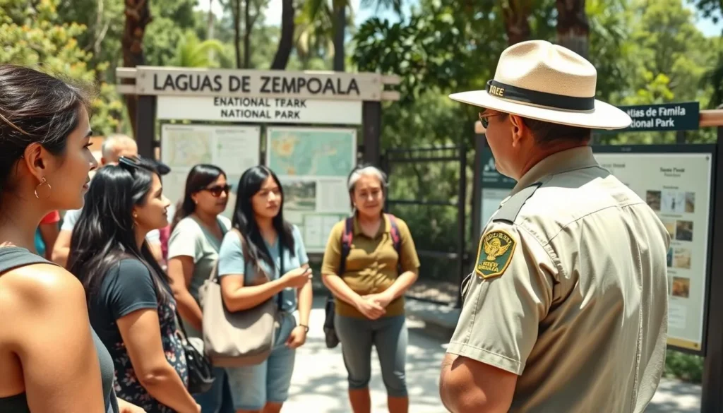 Park ranger providing information to visitors at Lagunas de Zempoala