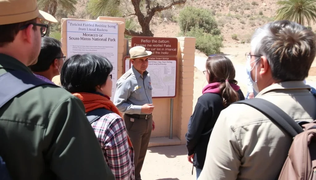 Park ranger providing safety information to visitors at Souss-Massa National Park entrance