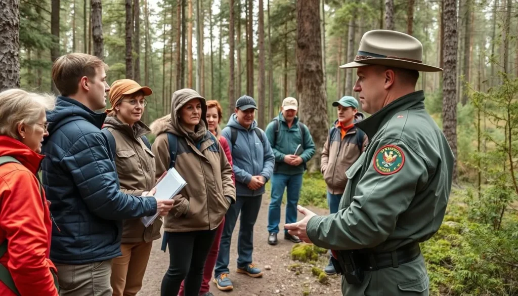 Park ranger providing safety instructions to visitors in Koygorodsky National Park