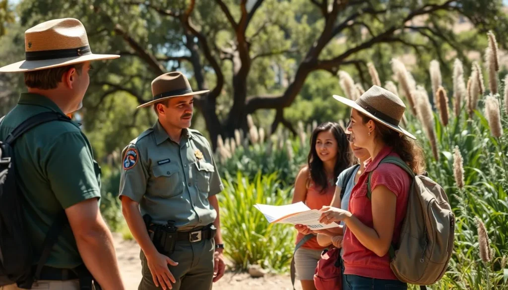 Park ranger speaking with visitors at Rio de Los Angeles State Park