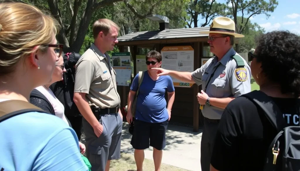 Park ranger talking to visitors about safety at Curry Hammock State Park
