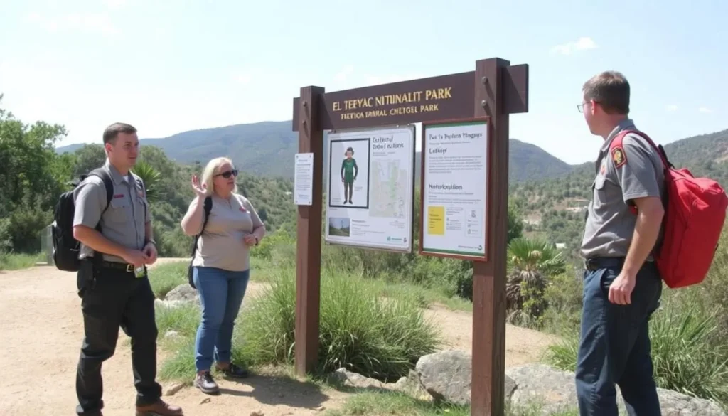 Park rangers and safety signage at El Tepeyac National Park