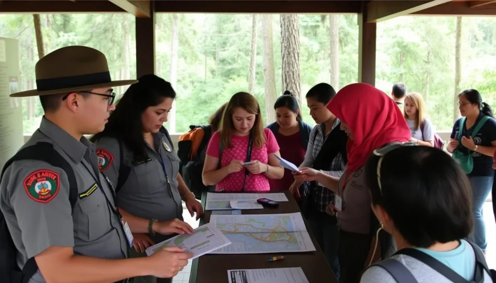Park rangers providing information to visitors at Insurgente Miguel Hidalgo y Costilla National Park