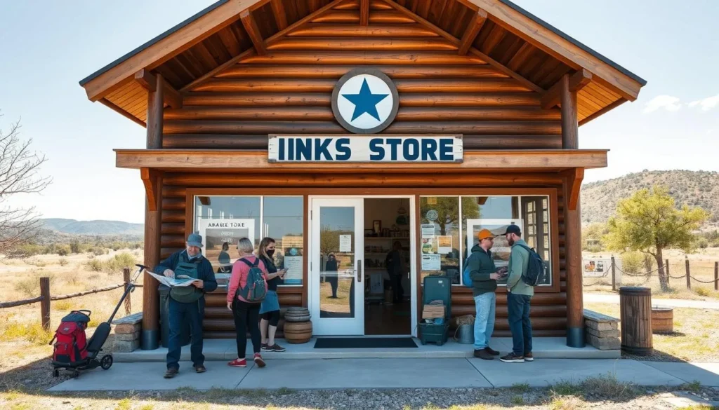 Park store and facilities at Inks Lake State Park, Texas with visitors preparing for outdoor activities