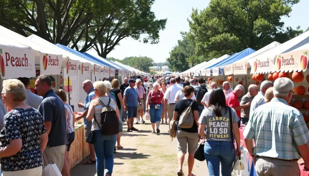 Parker County Peach Festival with crowds enjoying peach treats and vendors Parker County Peach Festival with crowds enjoying peach treats and vendors