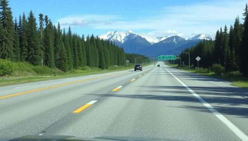 Parks Highway leading to Wasilla Alaska with mountain views Parks Highway leading to Wasilla Alaska with mountain views