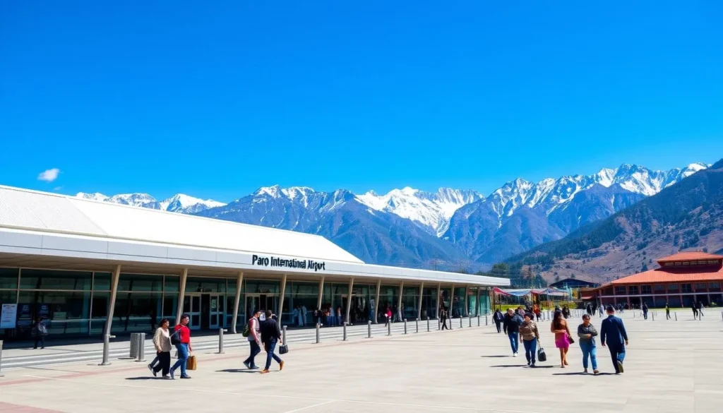 Paro International Airport with mountains in the background, the gateway to Lunana Range, Bhutan