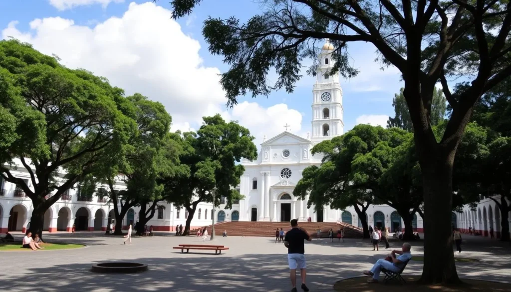 Parque Caldas main square in Popayan Colombia with white cathedral and clock tower
