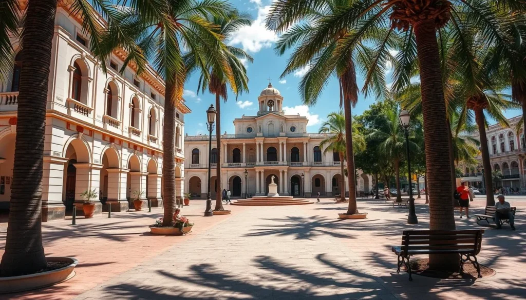 Parque Martí in Ciego de Avila city with colonial architecture and palm trees