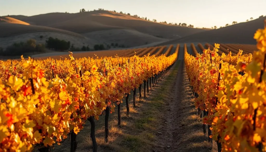 Paso Robles vineyard in autumn with golden and red foliage during harvest season