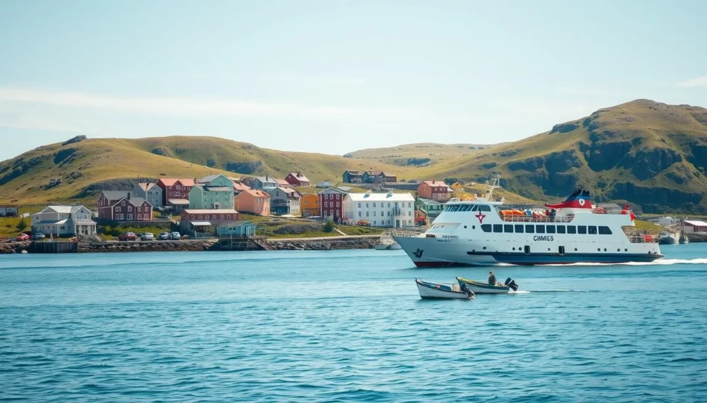 Passenger ferry approaching Sisimiut, Greenland harbor with colorful houses visible