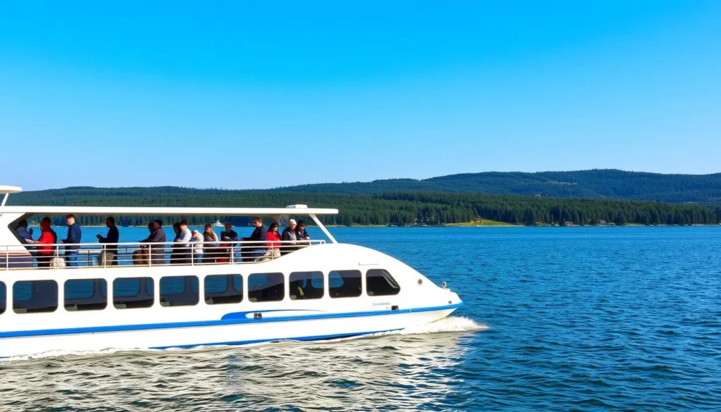 Passenger ferry crossing Kuybyshev Reservoir with tourists enjoying views from the deck Passenger ferry crossing Kuybyshev Reservoir with tourists enjoying views from the deck